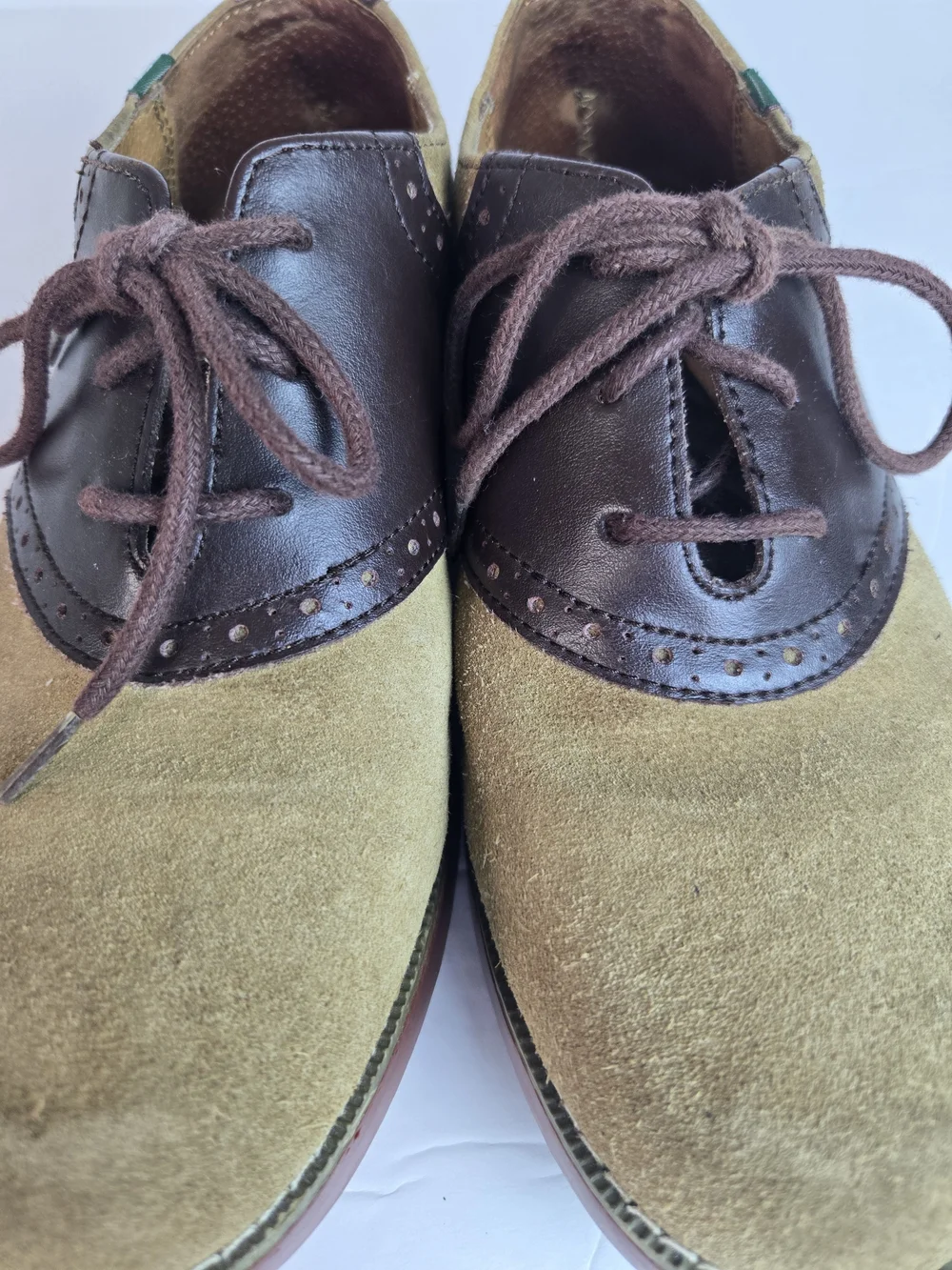 Varsity Two-Tone Suede and Leather Oxfords in Olive and Dark Brown